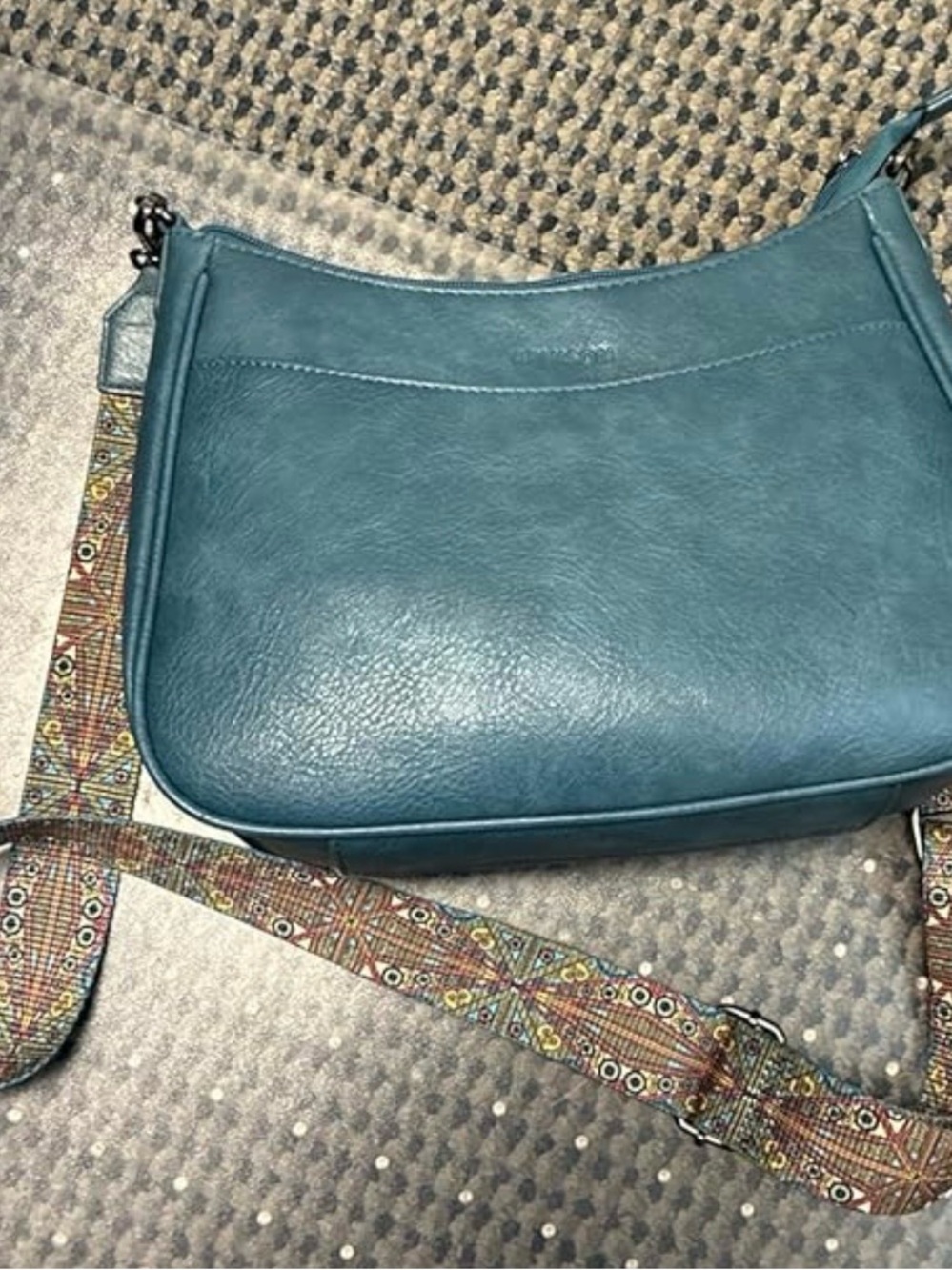 Teal Shoulder Bag with Detachable Patterned Strap - Picture 4 of 5